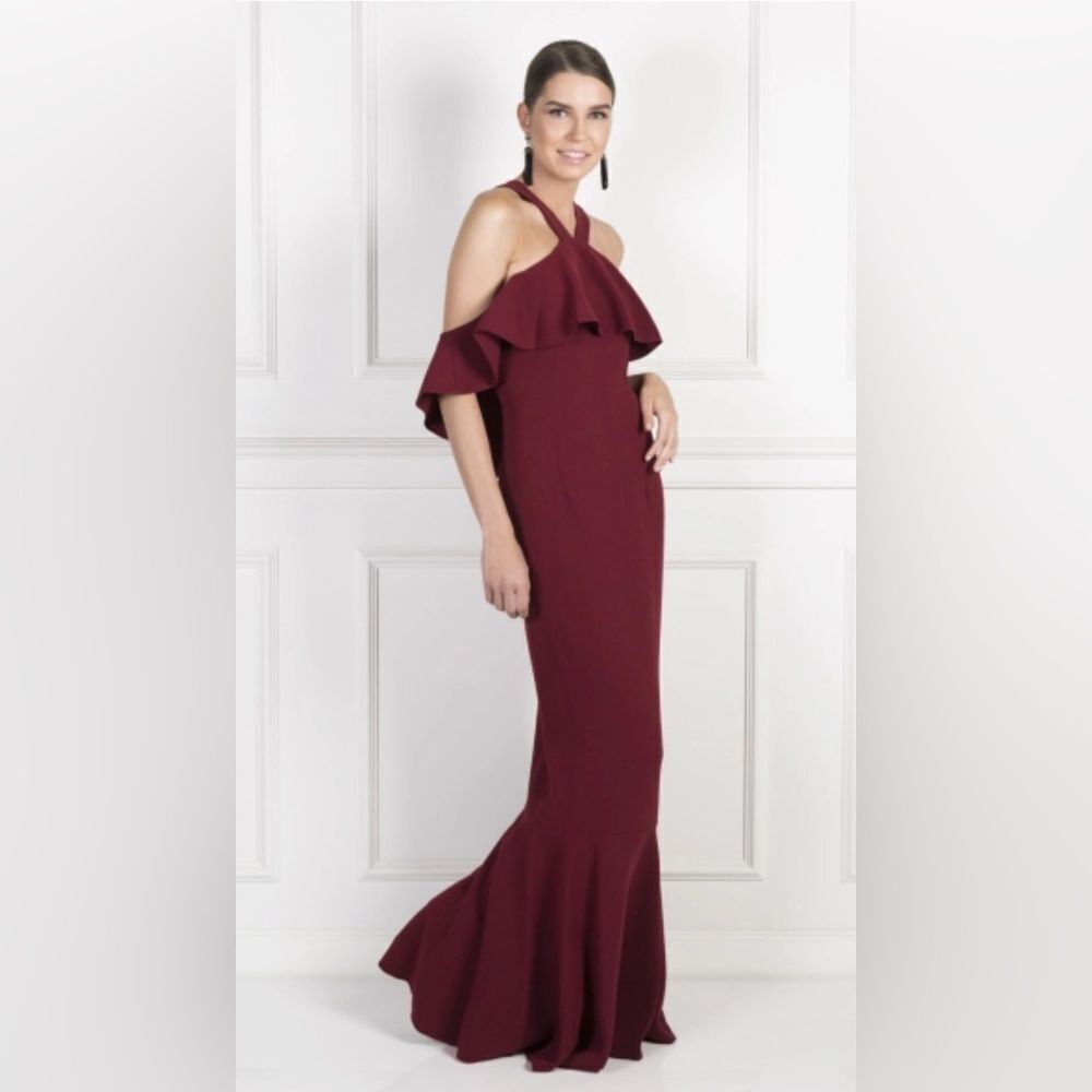 Rachel Zoe Baxter Cold-Shoulder Stretch-Crepe Gown Burgundy Ruffle Dress Sz 8